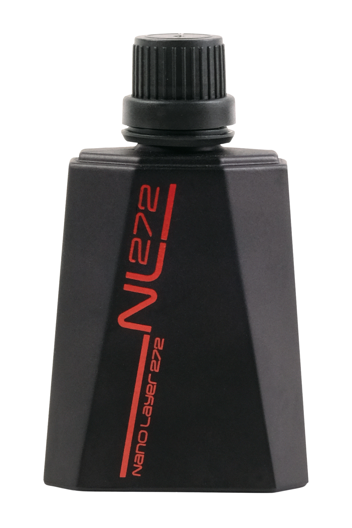 Black NU2 bottle with a ribbed cap and red vertical label on a white background