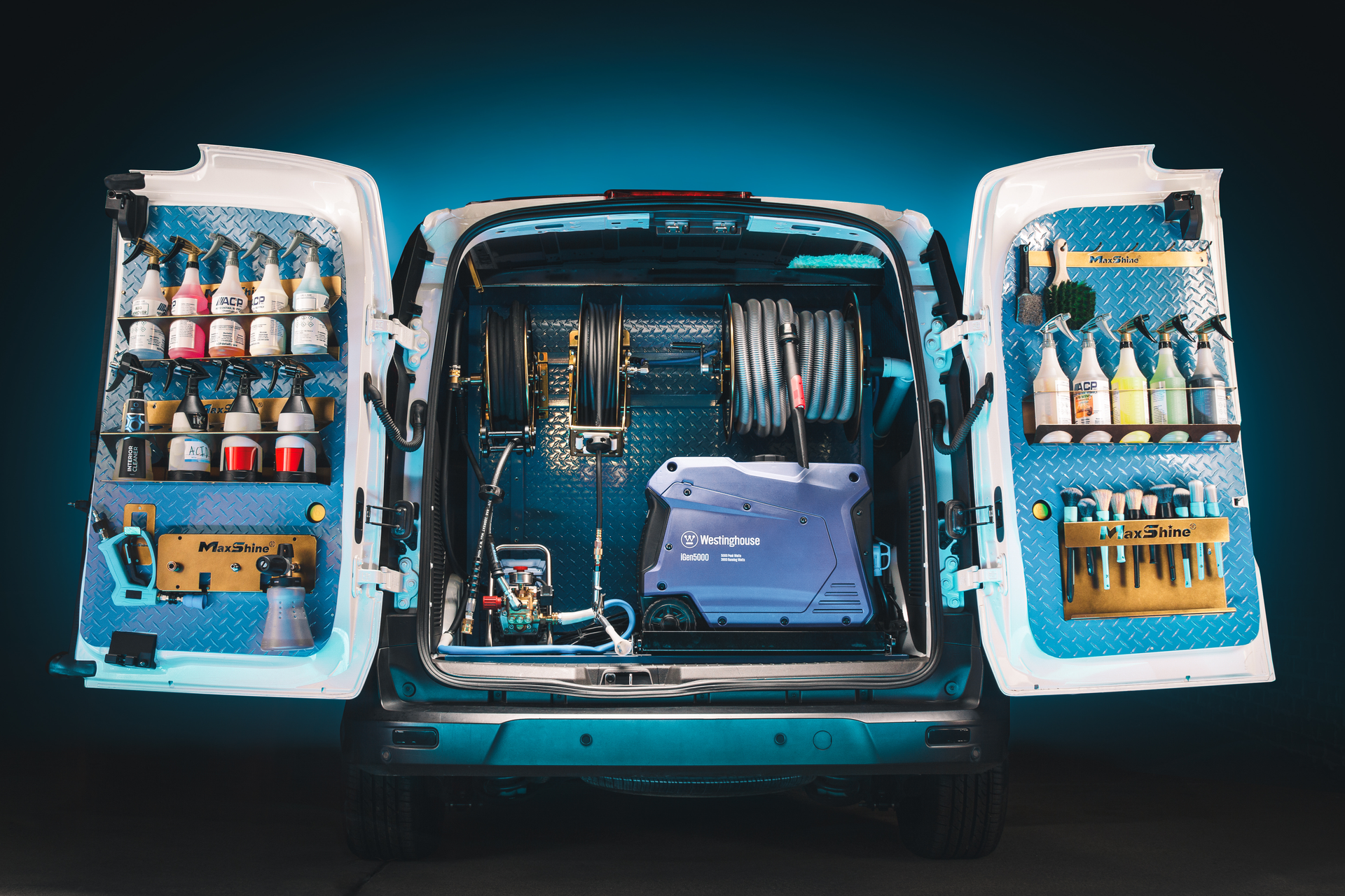 Open van stocked with drinks and snacks, rear doors open in a teal-lit setting.