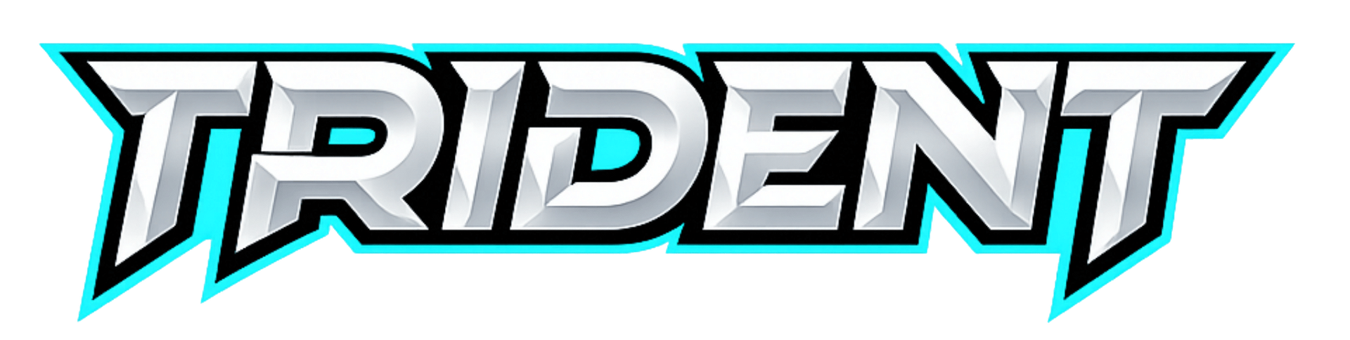 Stylized TRIDENT logo in white and teal with black outline on a transparent background