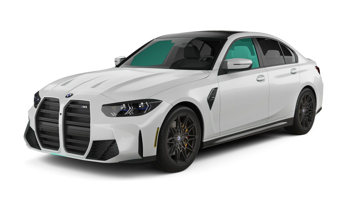 White BMW sedan on a white background, front three-quarter view