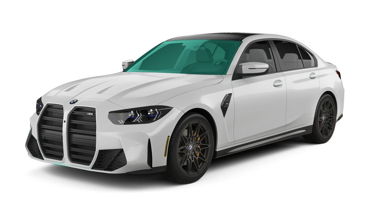 White BMW sedan with black grille and dark wheels, photographed on a white background