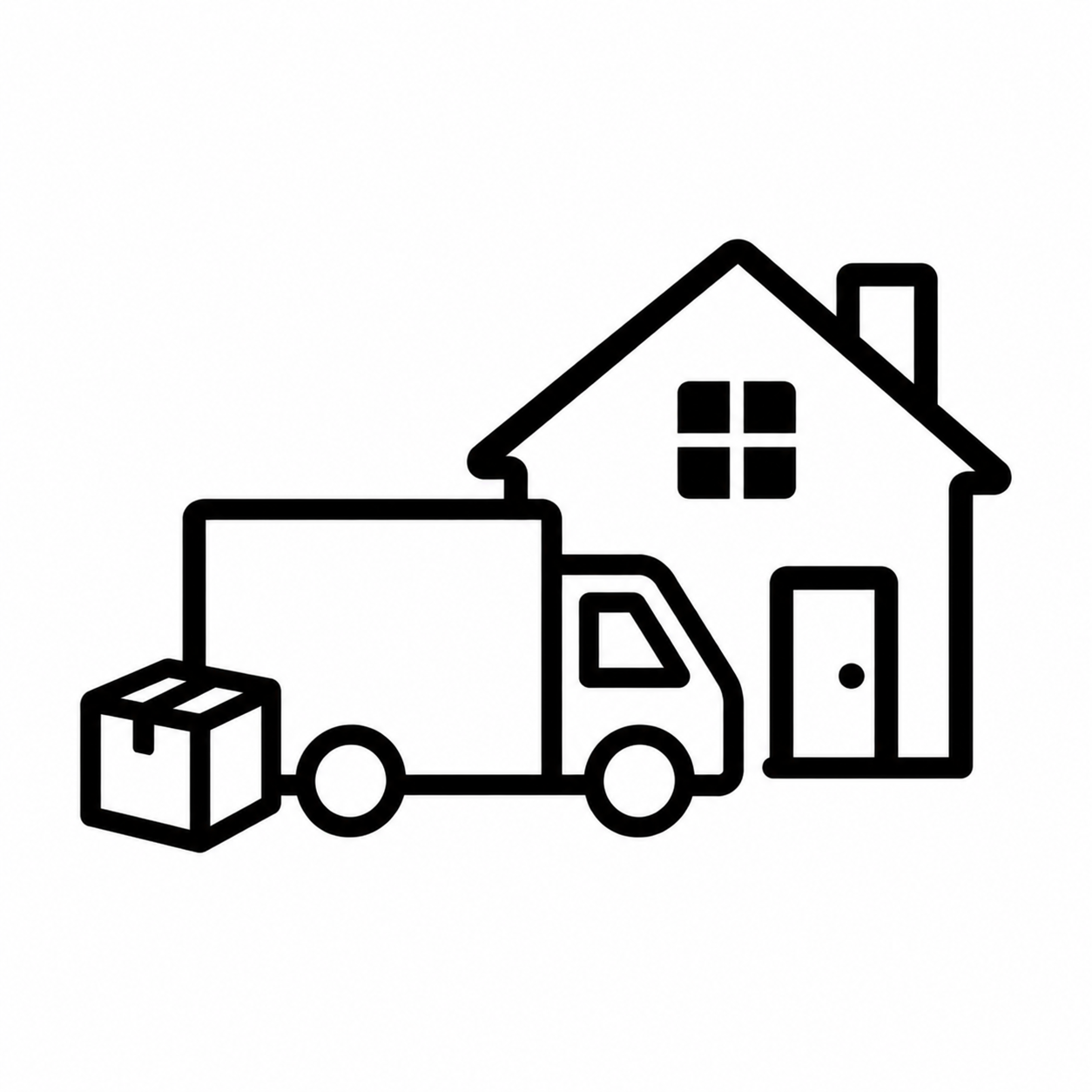Black outline of a delivery truck unloading boxes in front of a house
