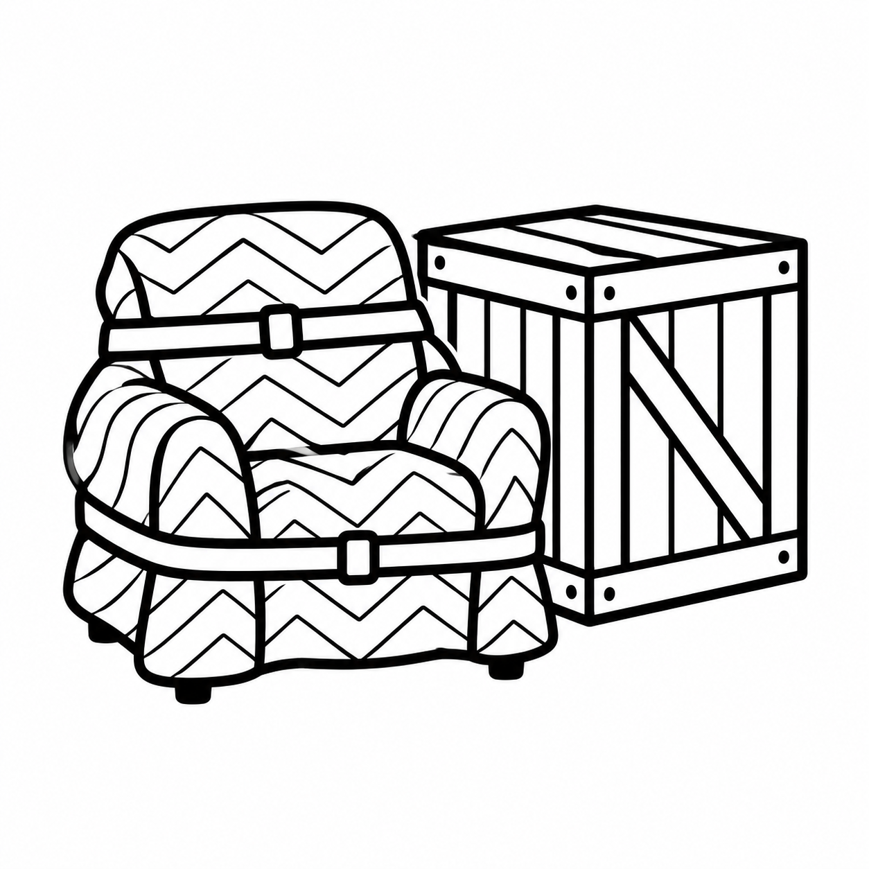 Black-and-white sketch of an upholstered armchair beside a wooden crate.
