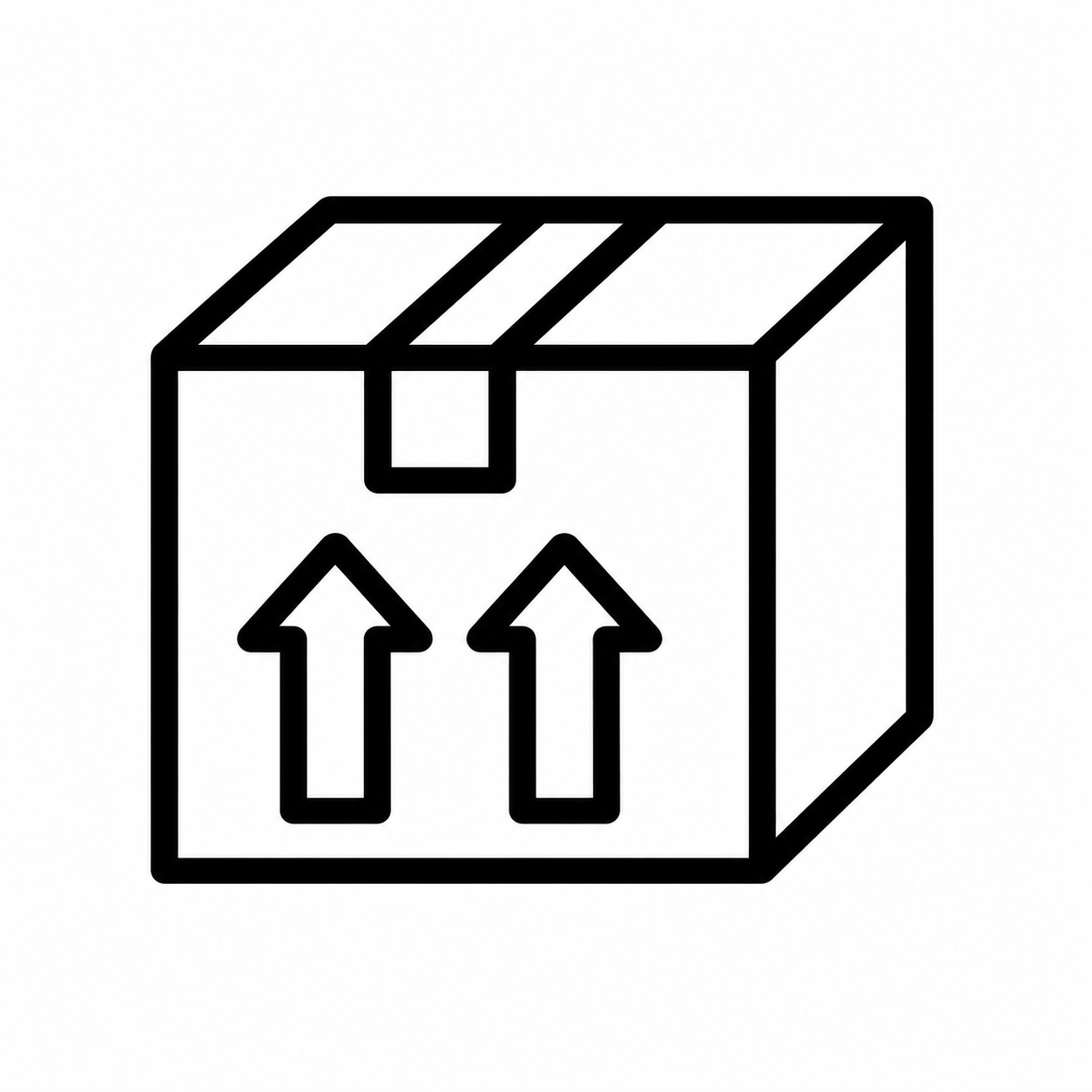 Black outline icon of an open box with two upward arrows on the front and a tab on top
