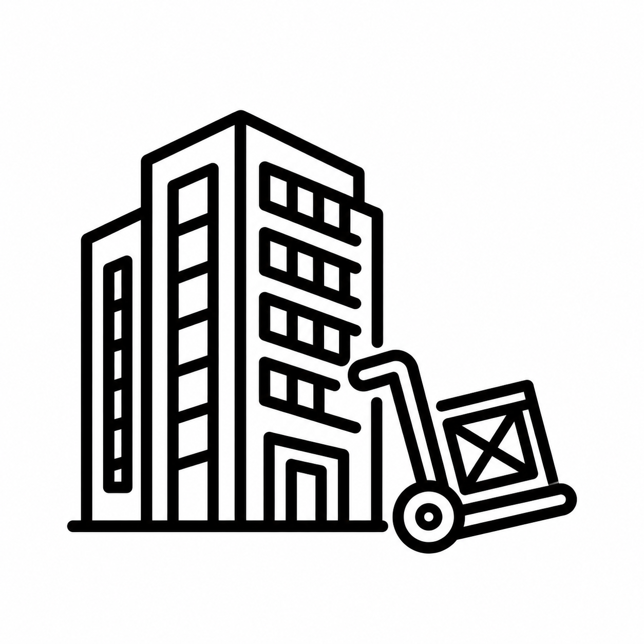 Outline icon of a warehouse building and forklift handling a crate