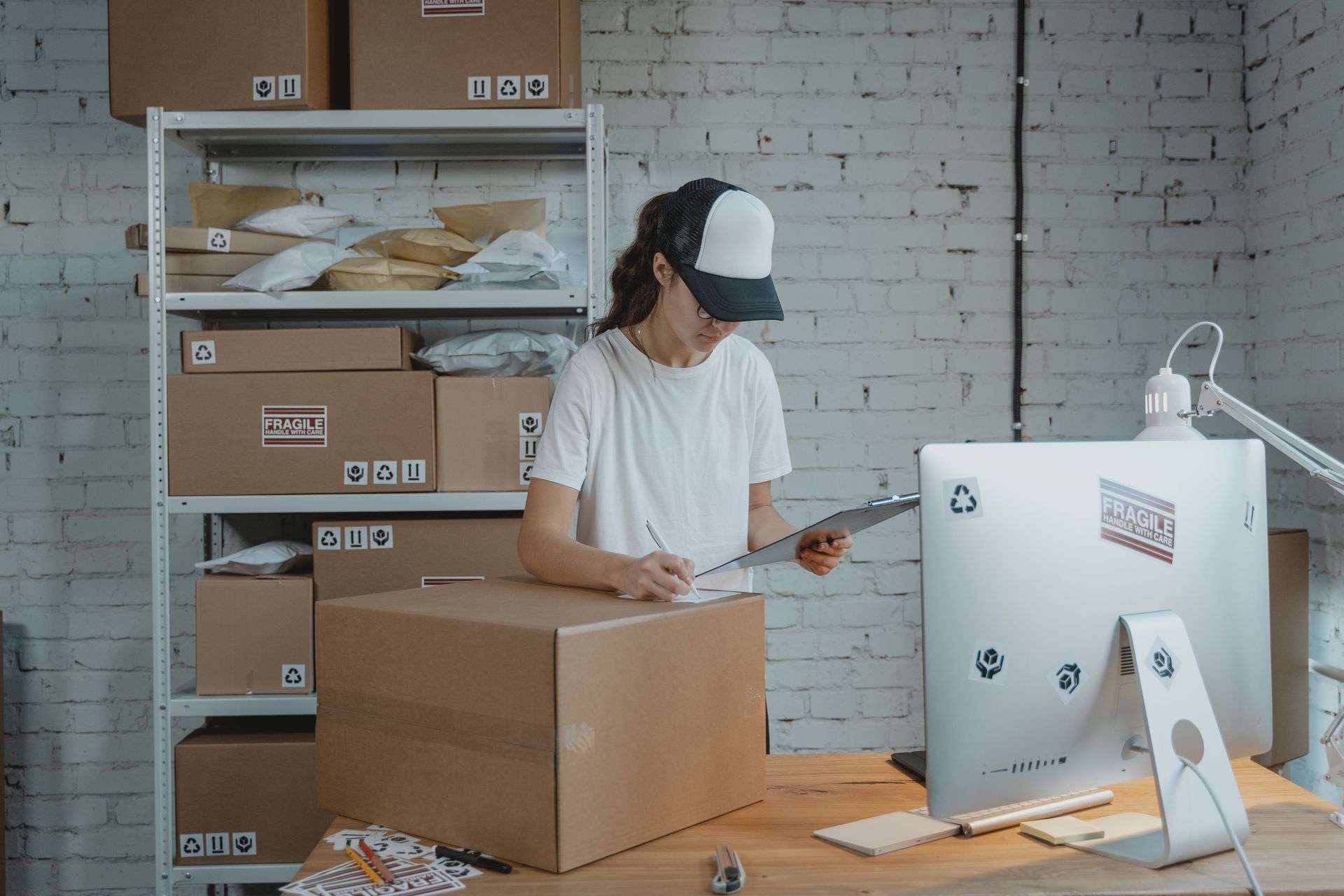 Person unpacking a cardboard box in a bright storage room beside a desktop computer