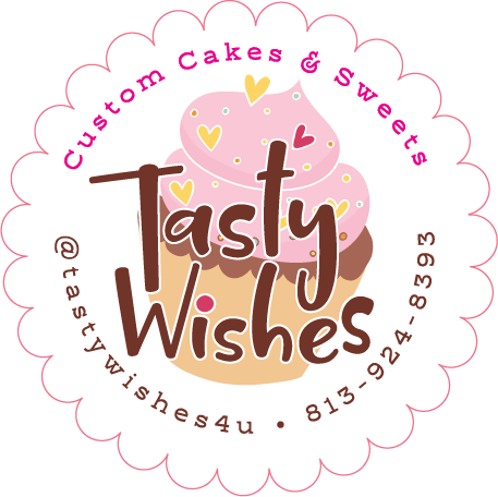 Logo for Tasty Wishes: a scalloped-edge circle featuring a pink cupcake, branding text, a social handle, and phone number.