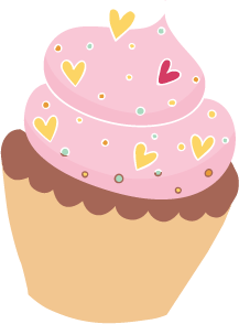 A cupcake with tan paper, brown frosting, and pink swirl icing decorated with yellow hearts and colorful sprinkles.