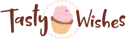 A logo for Tasty Wishes featuring brown text on the sides of a pink cupcake inside a scalloped white circle.