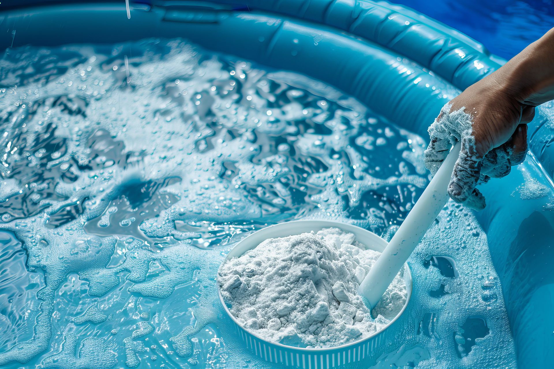 A hand pouring white powder from a bowl into a blue inflatable pool; bubbles form.