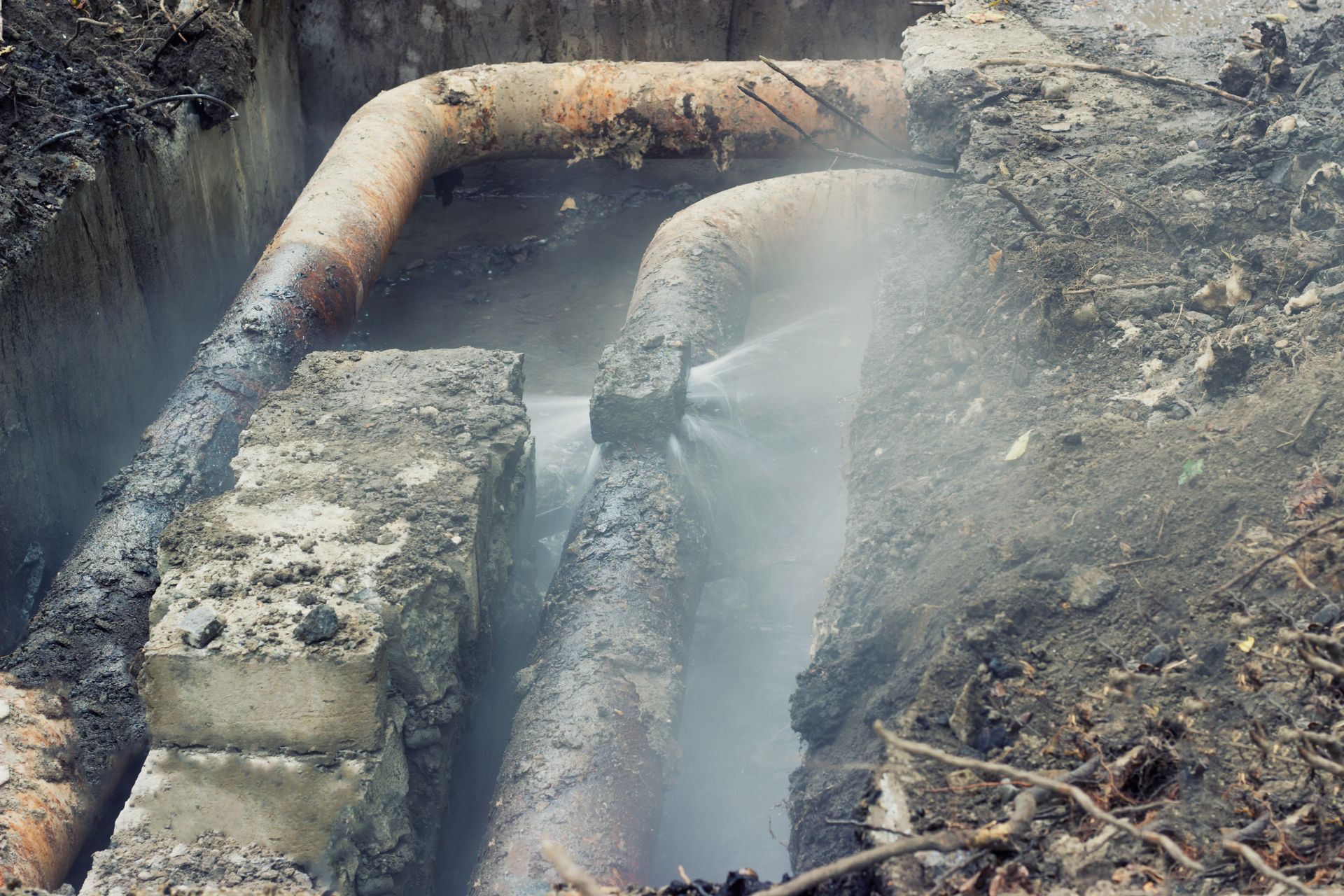 Broken rusty pipe spraying water into a muddy excavation site