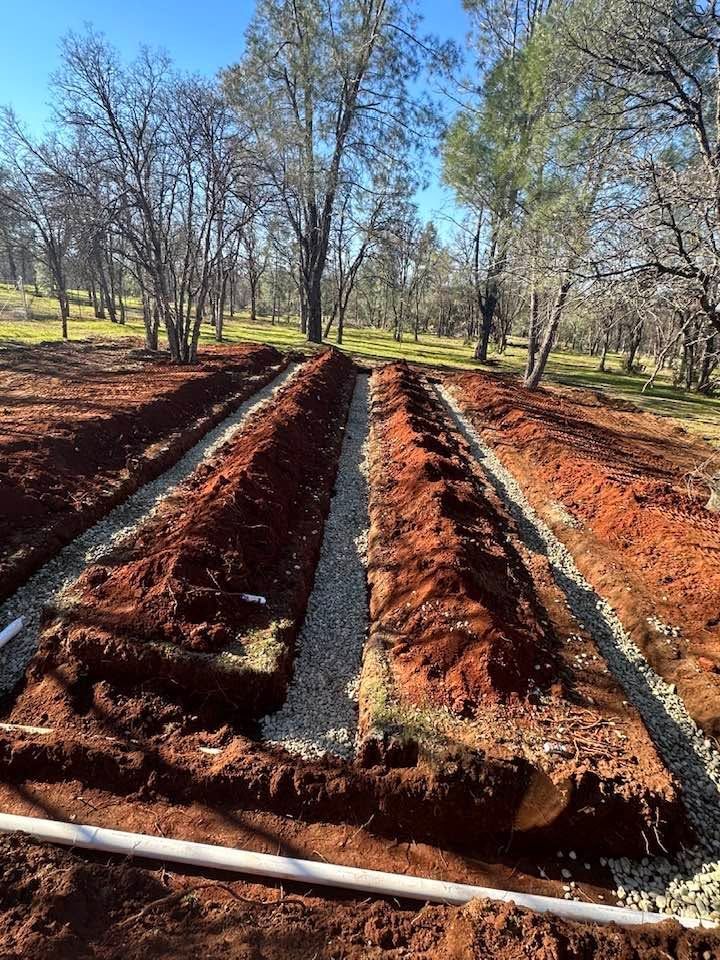 Freshly dug irrigation trenches with concrete-lined channels in a reddish orchard or grove under trees. Freshly dug irrigation trenches with concrete-lined channels in a reddish orchard or grove under trees.
