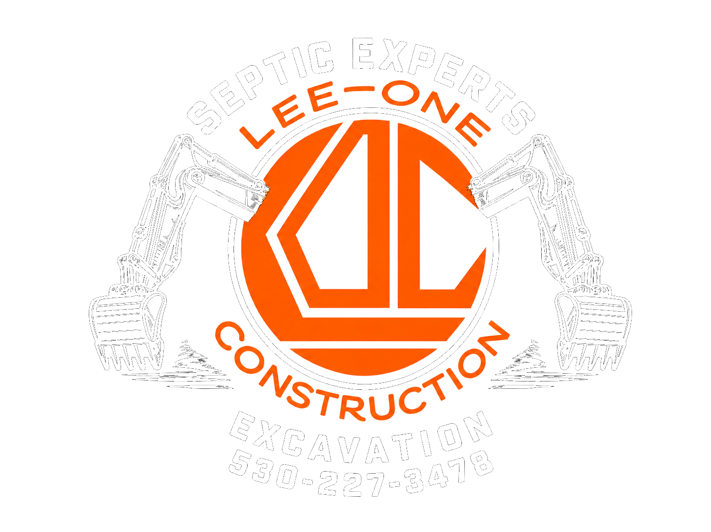 LEE-ONE Construction logo in orange with stylized letters and circular text on a white background