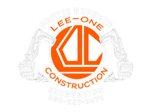 LEE-ONE Construction logo in orange with stylized letters and circular text on a white background