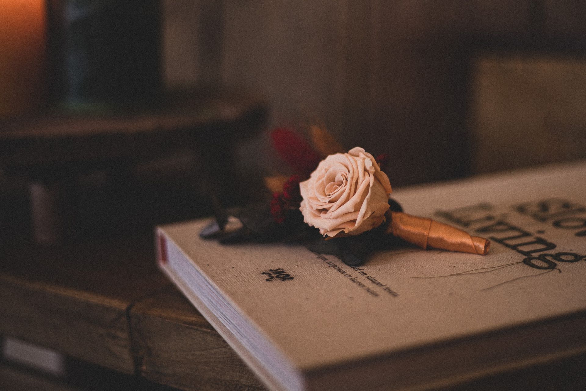 Een roze roos rust op een gesloten boek naast een brandende kaars in een warme, schemerige omgeving.