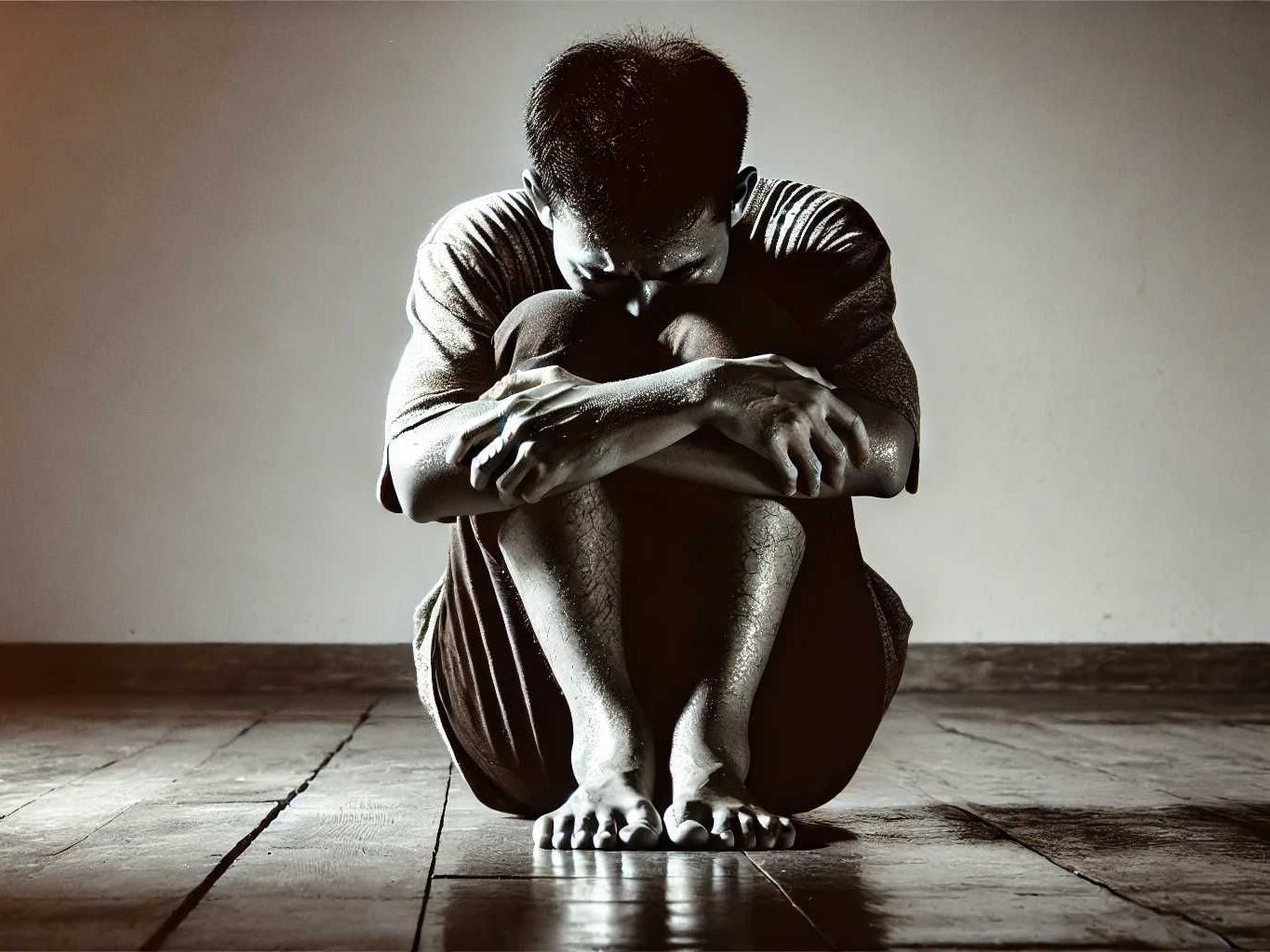 A picture of a person curled up sitting on the floor with knees pulled to their chest dealing with anxiety