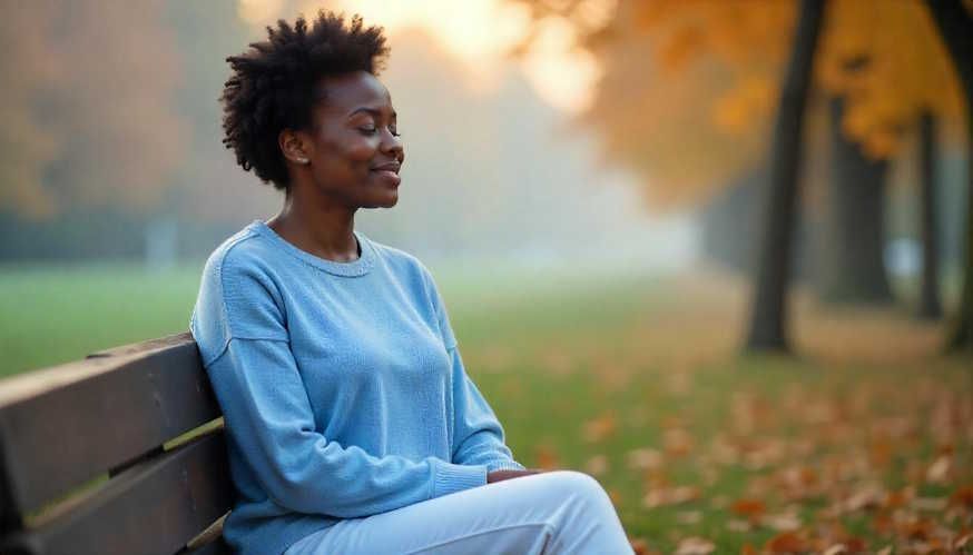 Janine sitting on parkbench outside of Beavercreek meditating to release her anxiety