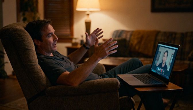 Man having a Virtual hypnosis session at home with comfortable lighting and recliner with his laptop on a small table in front of him