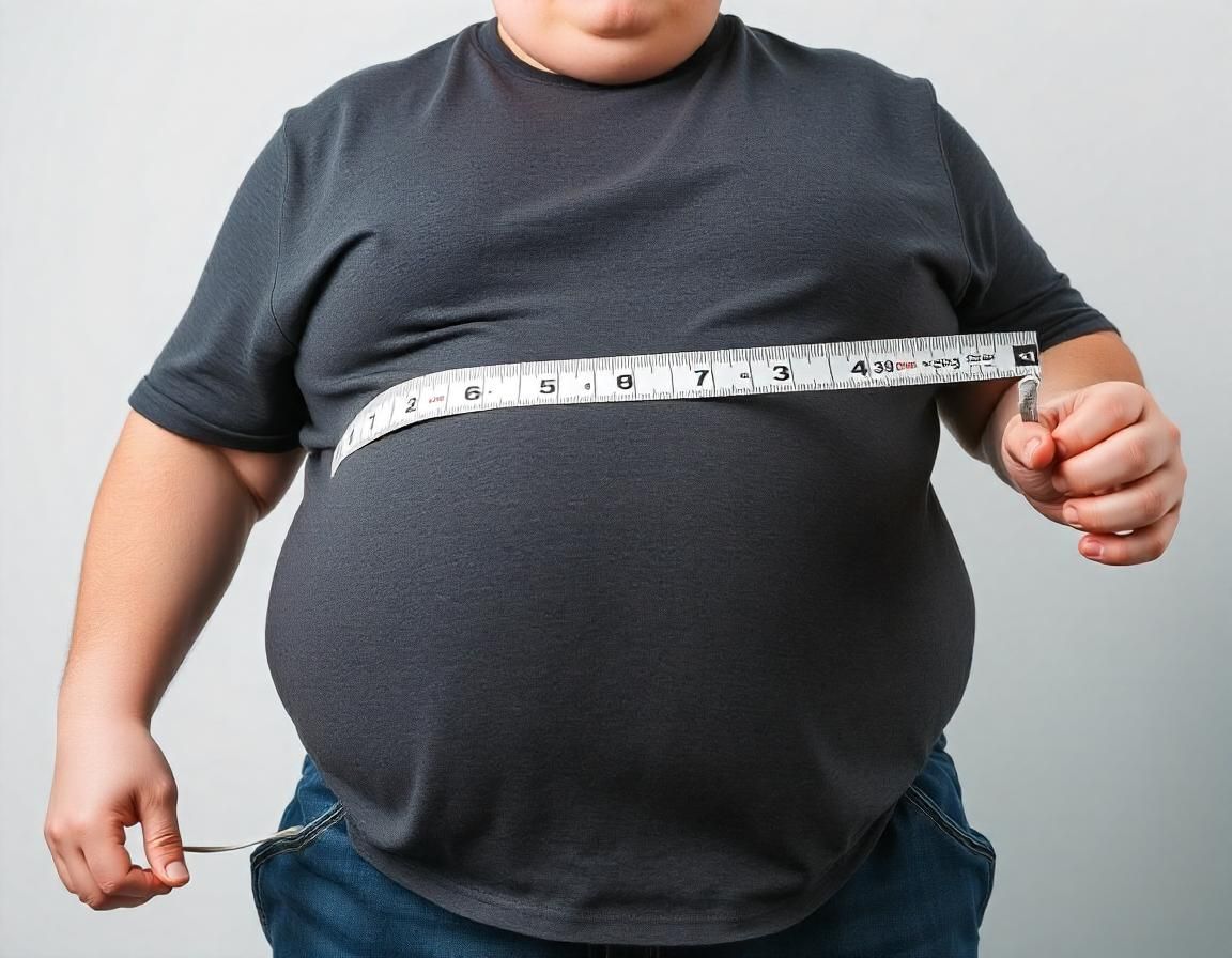 A photo of a man measuring his overweight belly