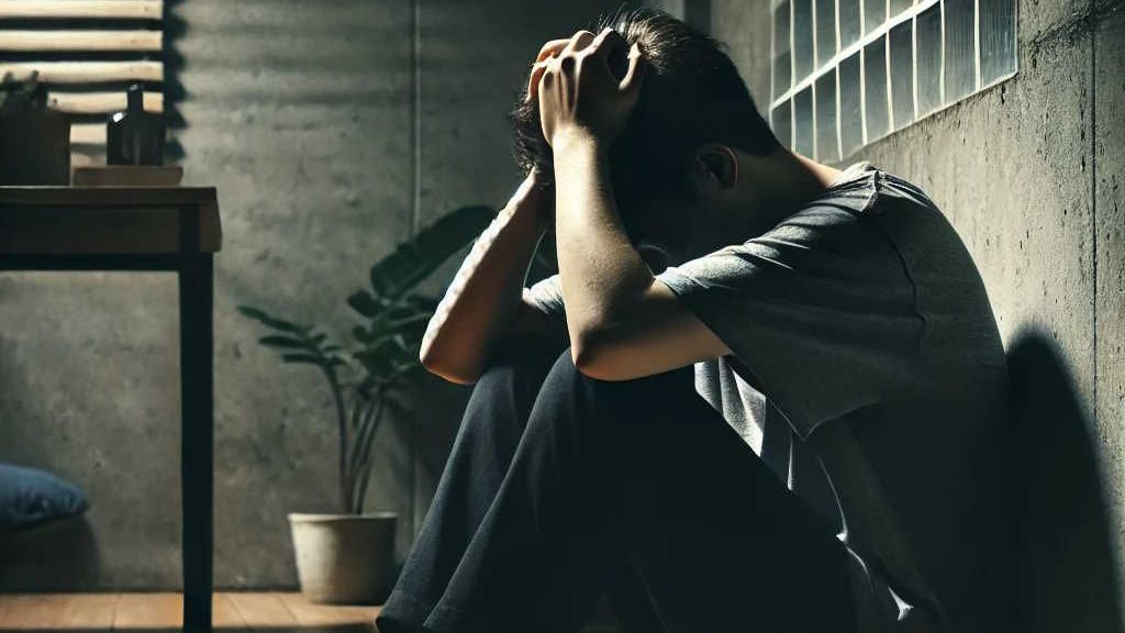 A man is sitting on the floor with his head in his hands because he's crushed by his anxiety