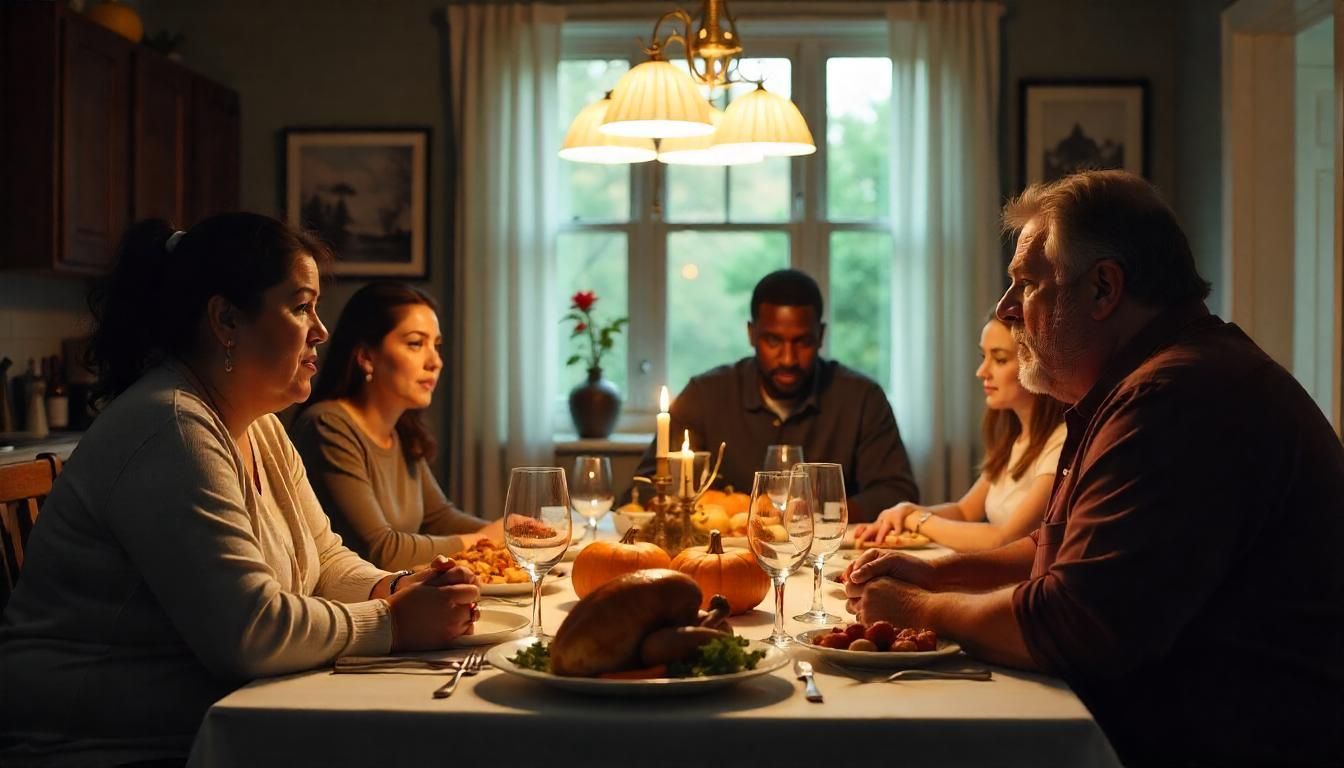 Overweight couple at Thanksgiving spending time at the dinner table with their holiday feast