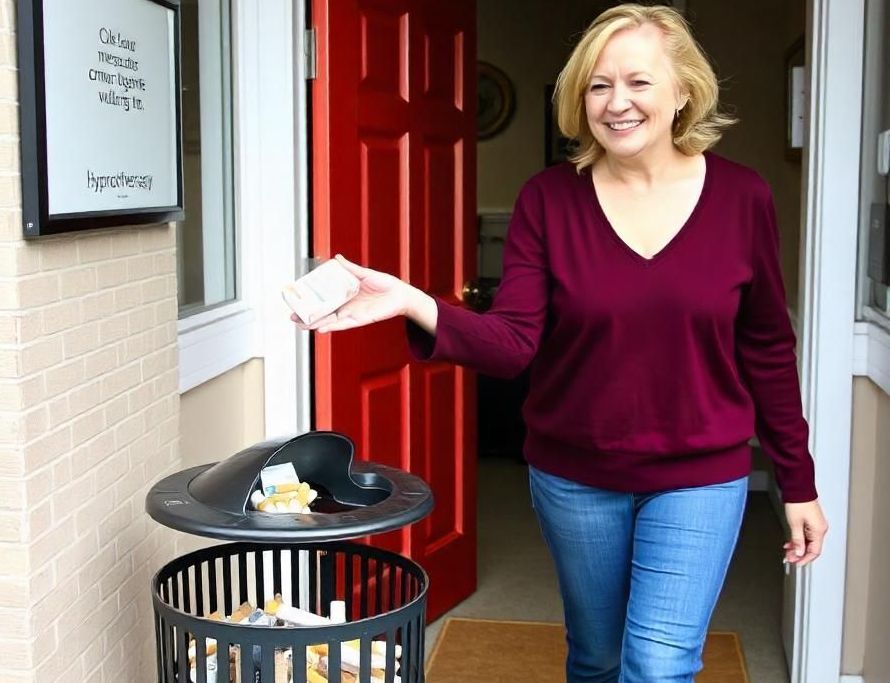 woman throwing away a pack of unsmoked cigarettes as she just quit smoking walking out the door smiling