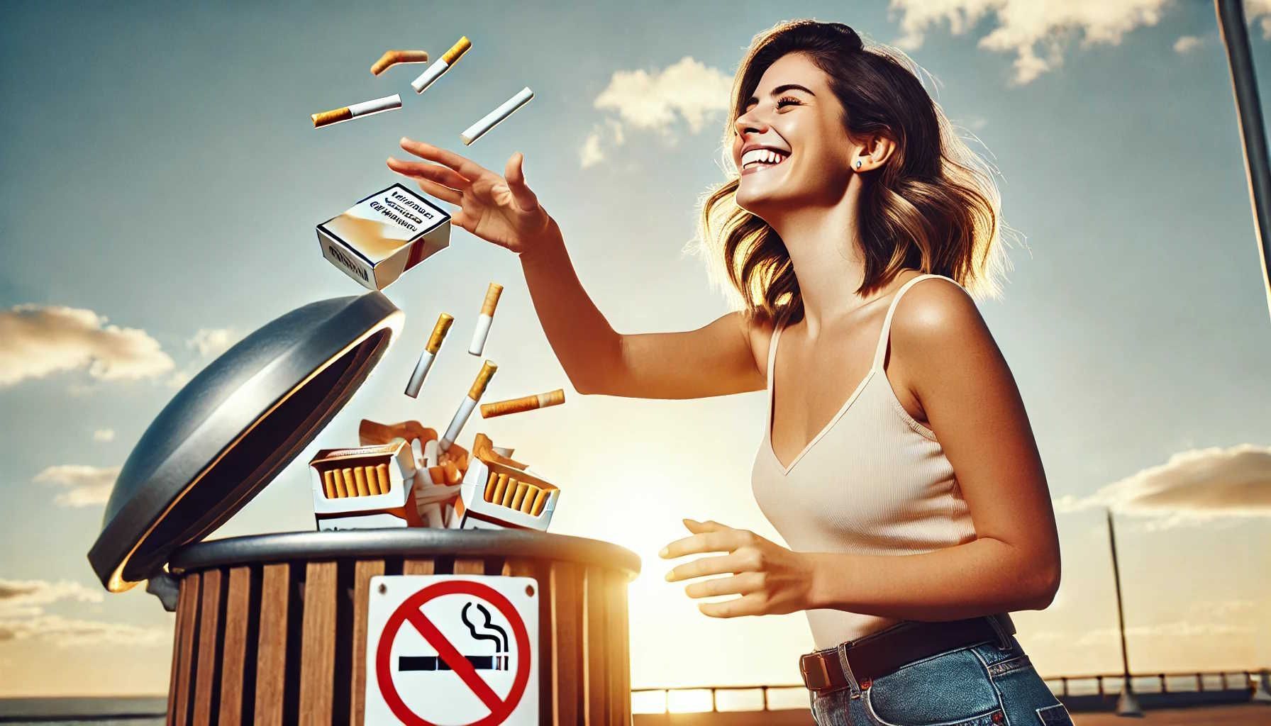 Photo of woman quitting smoking throwing away cigarettes into a trash can