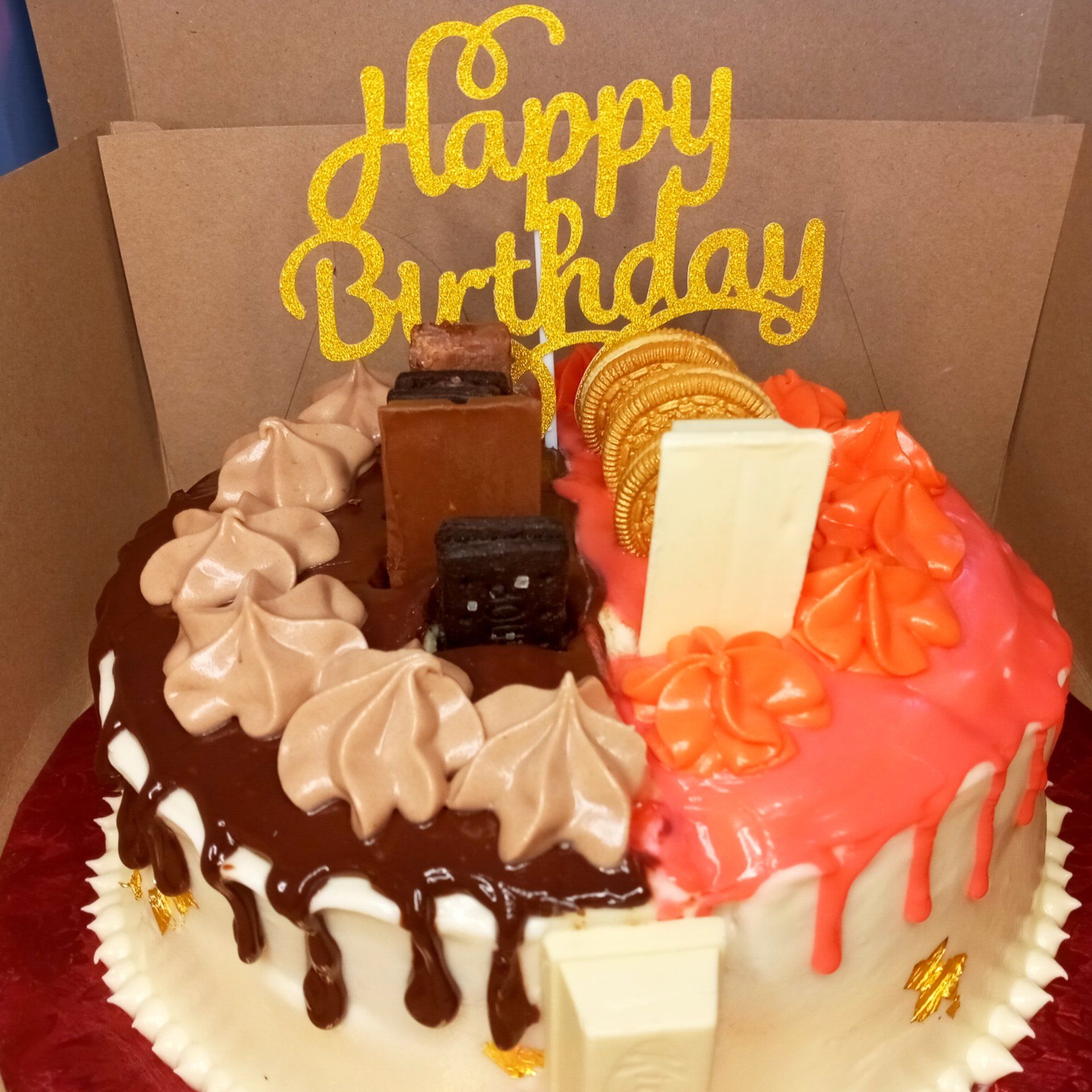 A birthday cake with a happy birthday sign on top