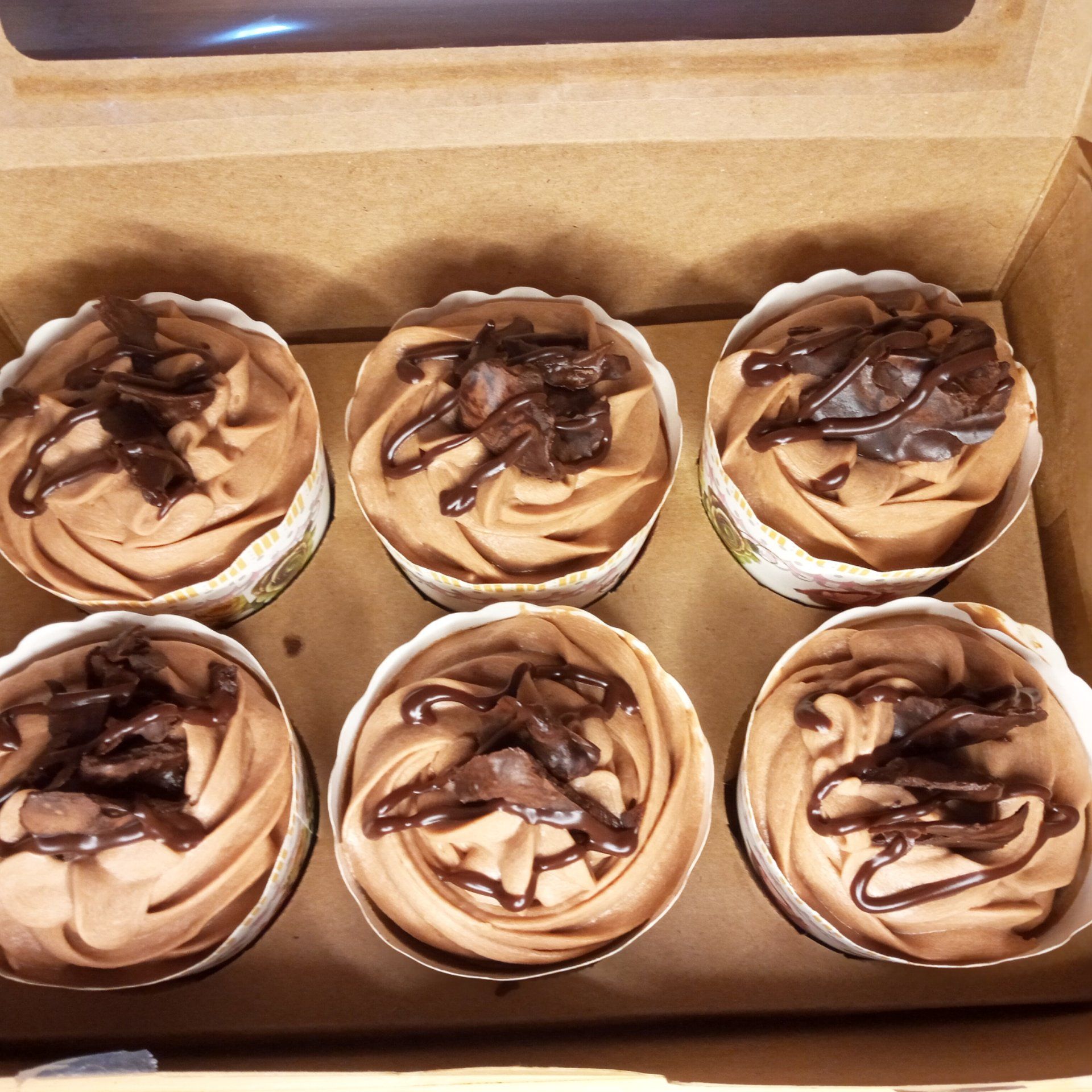 Six cupcakes with chocolate frosting in a box
