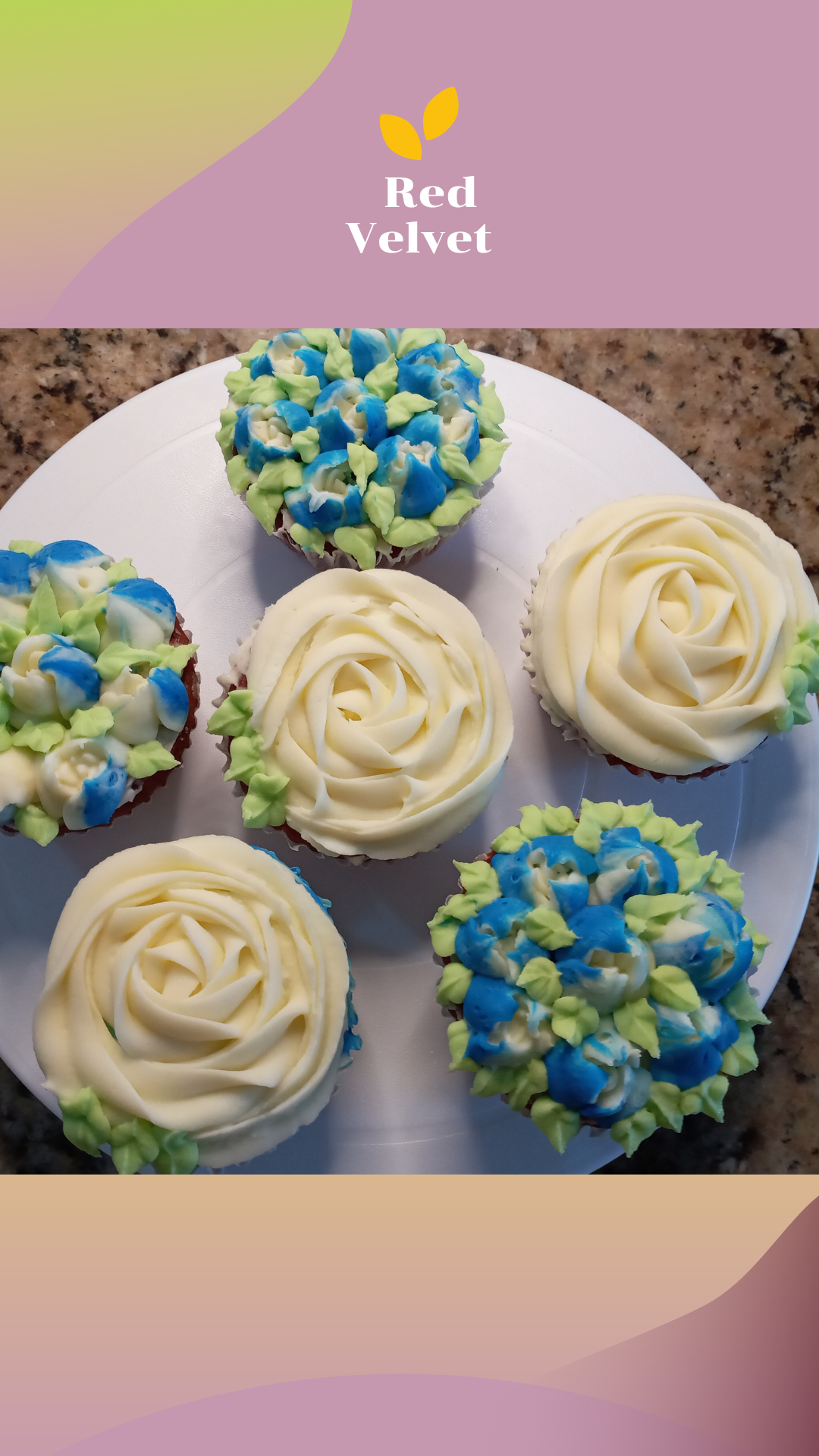 A white plate topped with six cupcakes decorated with blue and green frosting.