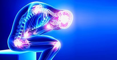 X-ray-like view of a person hunched over, highlighting areas of pain in joints and head, on a blue background.