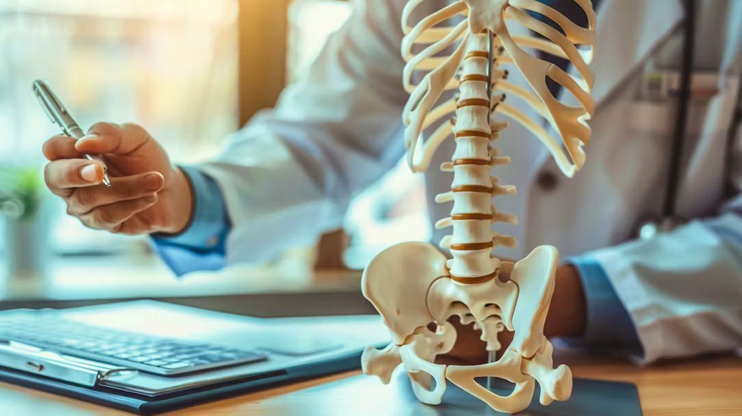 Doctor pointing pen at a spine model on desk, sunlight, stethoscope, medical setting.