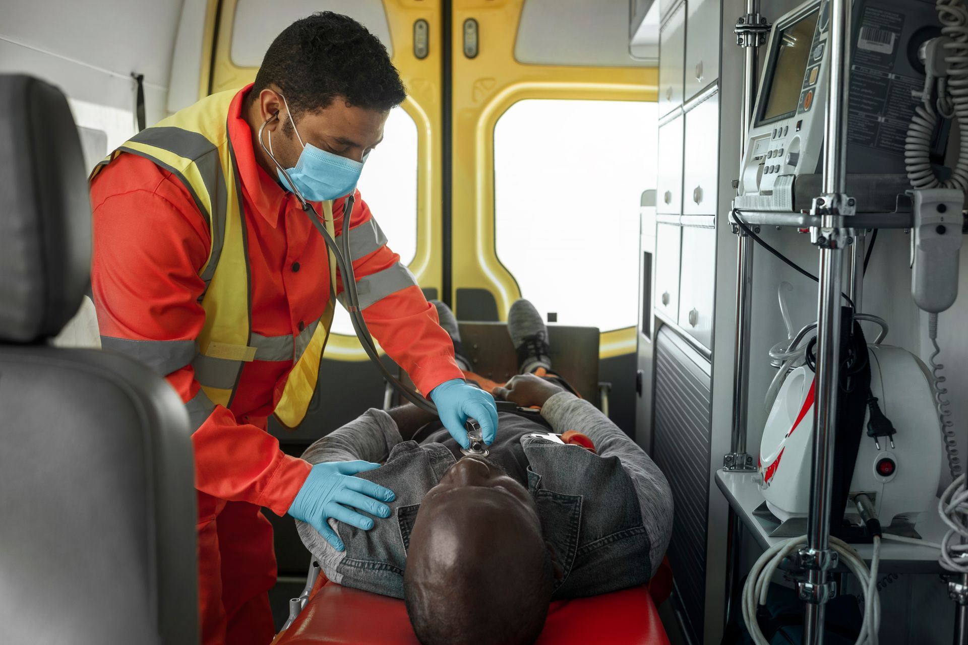 Paramedic tending to a patient in an ambulance, using medical equipment.