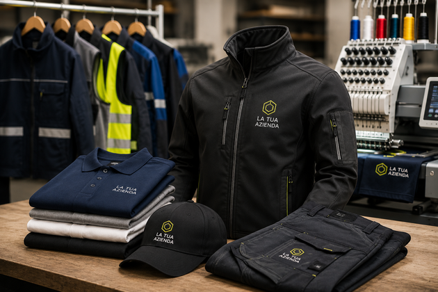Esposizione di abbigliamento da lavoro di marca con giacca nera, berretto, abiti piegati, giubbotti ad alta visibilità e campioni di ricamo su un tavolo