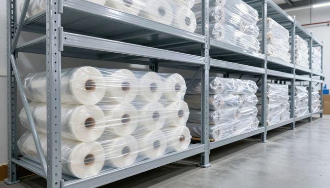 Scaffali di magazzino pieni di grandi rotoli bianchi di carta o tessuto avvolti nella plastica