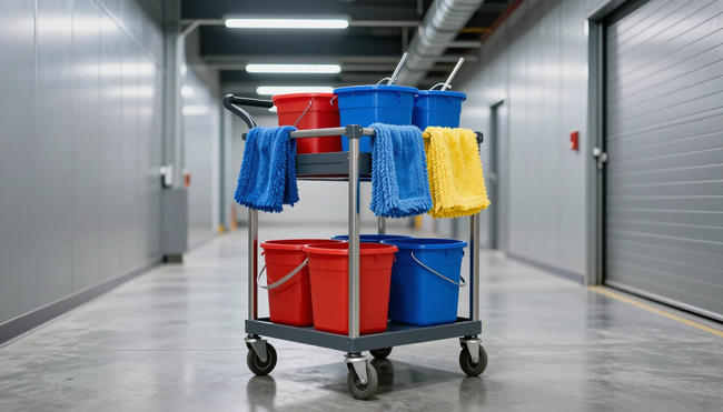 Carrello per le pulizie con bidoni rossi e blu e panni blu, gialli e rossi appesi in un corridoio