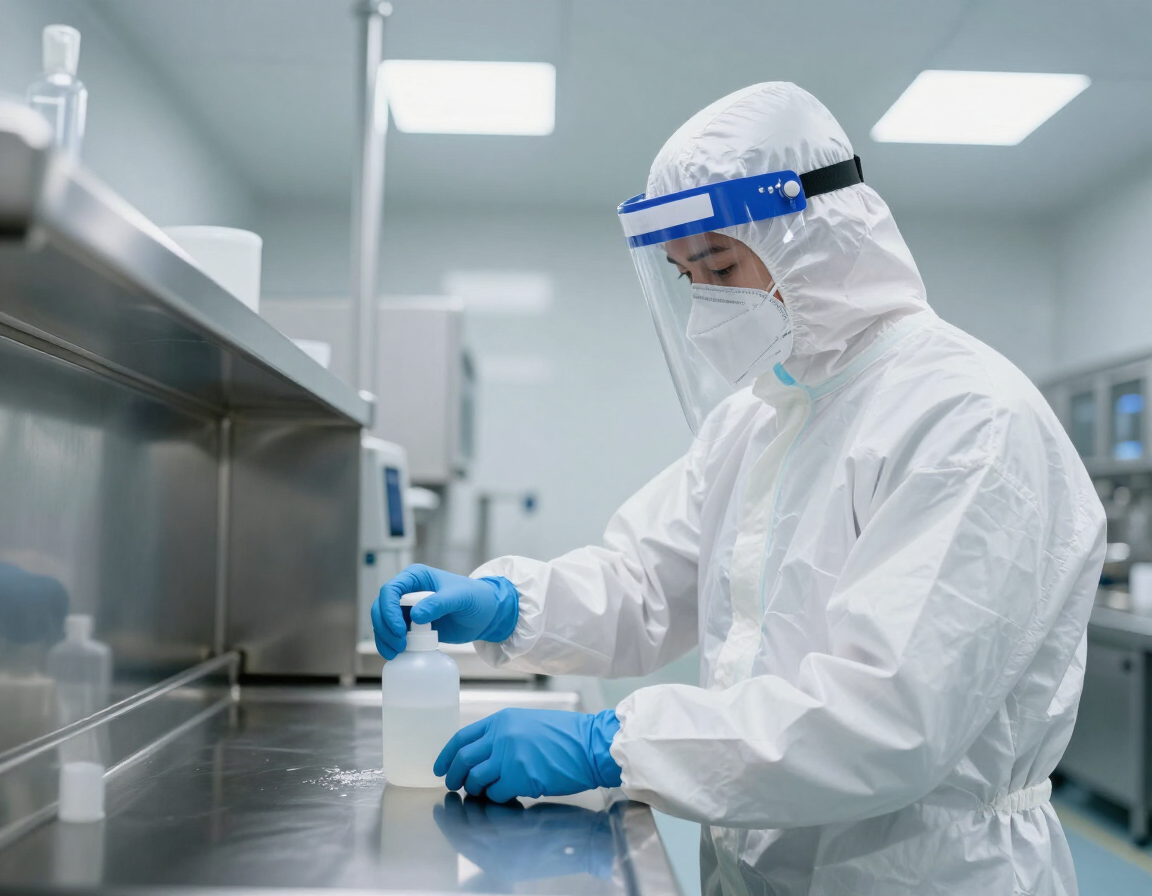 Operatore di laboratorio con indumenti protettivi maneggia una bottiglia di campione in un laboratorio sterile.
