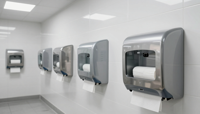 Dispenser di asciugamani di carta a parete in un bagno bianco e pulito con pareti rivestite di piastrelle lucide.