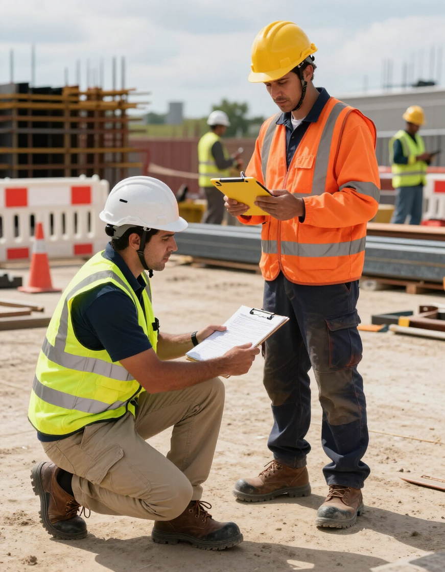 Due operai edili con giubbotti e caschi di sicurezza esaminano i progetti in un cantiere.