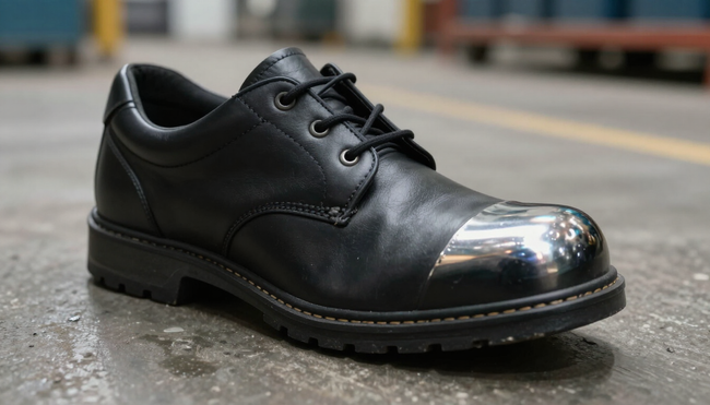 Scarpa elegante in pelle nera con puntale argentato lucido, mostrata su una strada bagnata.