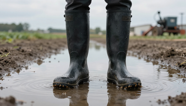 Stivali di gomma neri immersi in una pozzanghera di fango in un campo agricolo, con un trattore sfocato sullo sfondo.