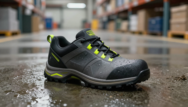 Scarpa da trekking nera e verde neon su cemento bagnato in un corridoio di un magazzino