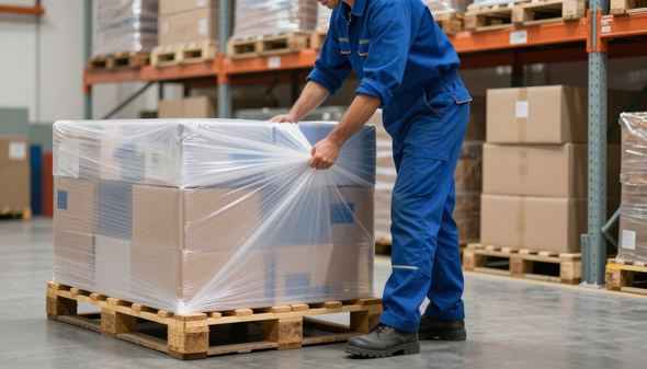 Un magazziniere avvolge delle scatole impilate su un pallet con una pellicola termoretraibile trasparente.