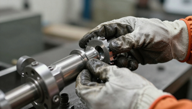 Mani guantate che regolano un albero metallico su un banco da lavoro in un'officina