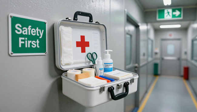Kit di pronto soccorso aperto con croce rossa in un corridoio pulito dell'ospedale, accanto a un cartello 
