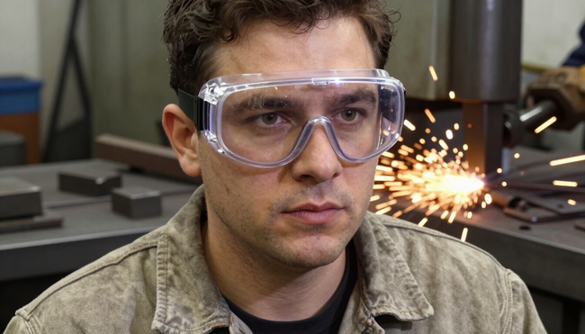 Un uomo con occhiali di sicurezza si trova in un'officina, con scintille che volano da un macchinario metallico alle sue spalle.