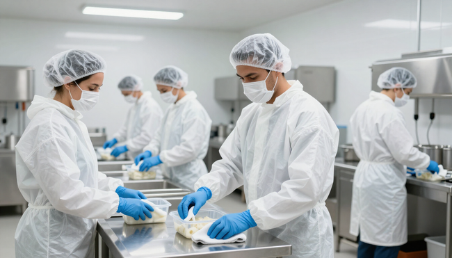 Operatori in camici bianchi e retine per capelli preparano il cibo in una cucina industriale pulita.