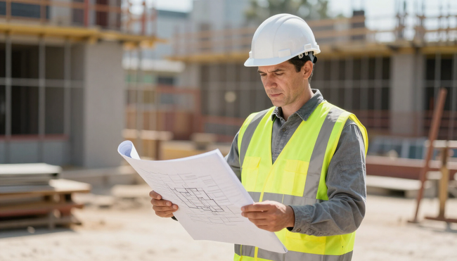 Operaio edile con elmetto e giubbotto di sicurezza esamina i progetti in un cantiere.