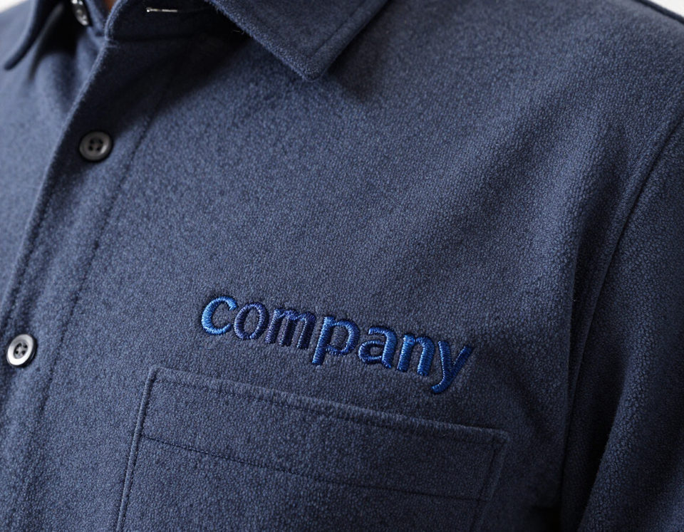 Primo piano di una camicia da lavoro blu scuro con il logo aziendale ricamato sulla tasca sul petto.