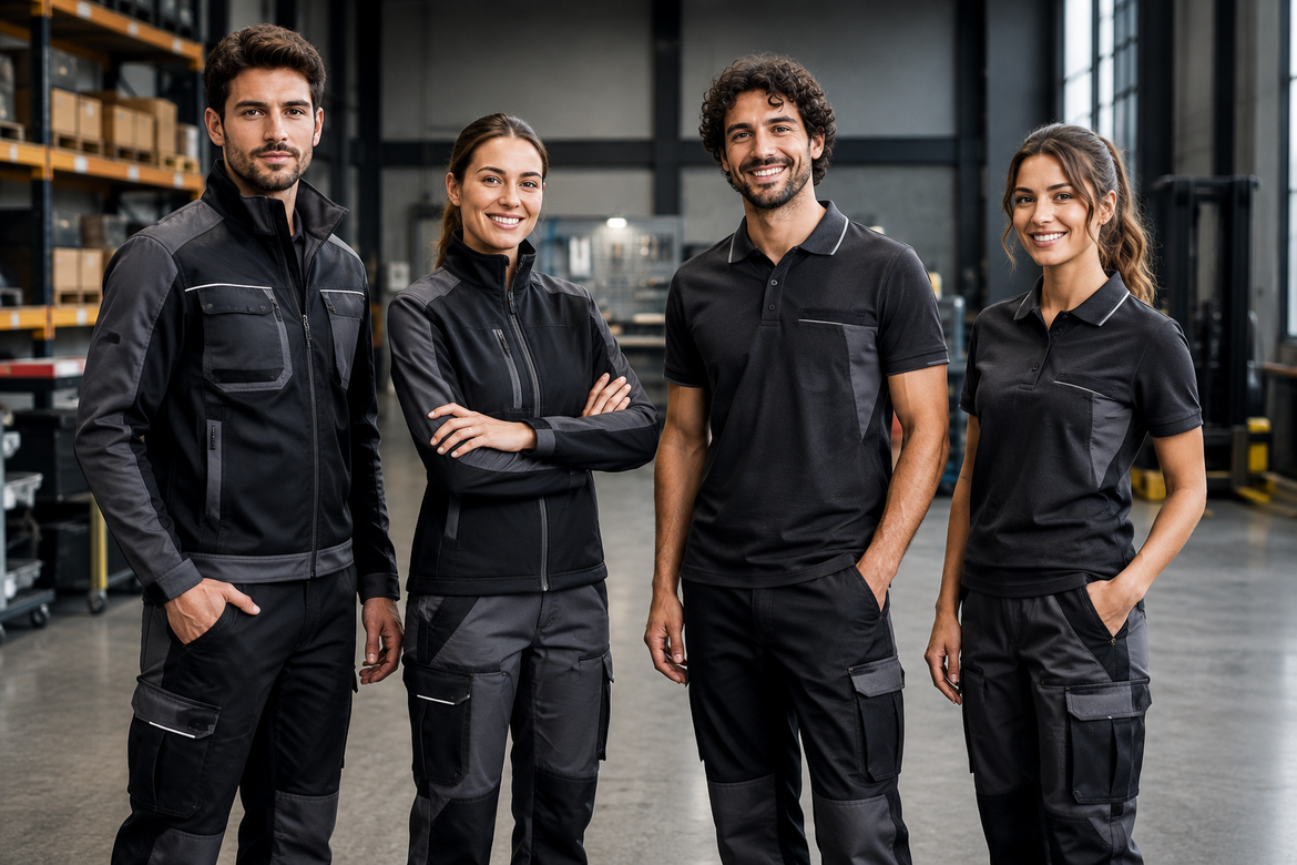 Quattro persone in uniforme da lavoro nera, in piedi insieme in un'officina, con le braccia incrociate e un sorriso stampato in faccia.